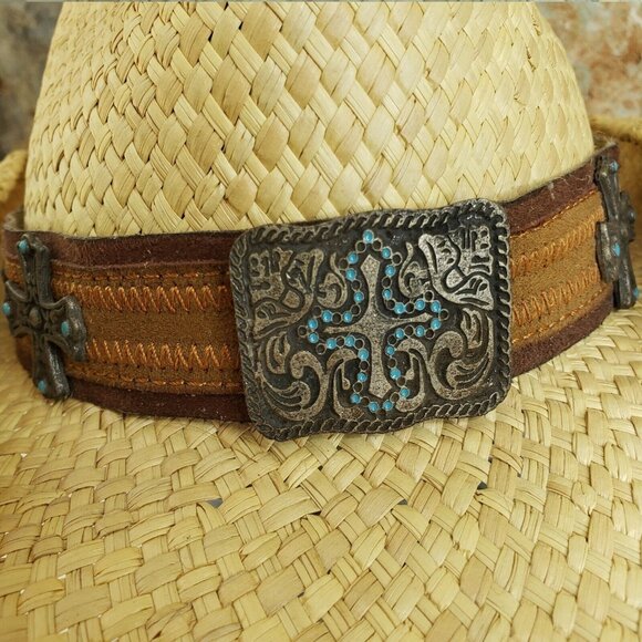 BULLHIDE straw Cowboy Hat Ranch Western Size M suede band Turquoise And Crosses main image 5